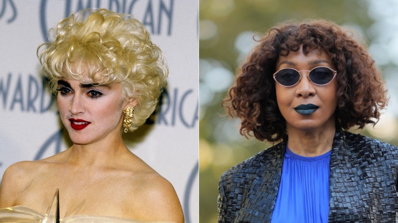 L : Madonna avec un carré bouclé dans les années 80. R : Une femme au carré bouclé en 2026