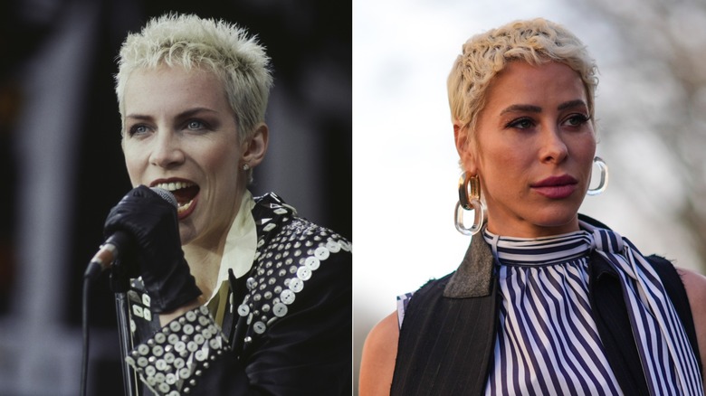 L : Annie Lennox avec un lutin blond dans les années 80. R : Une femme avec un lutin blond en 2026
