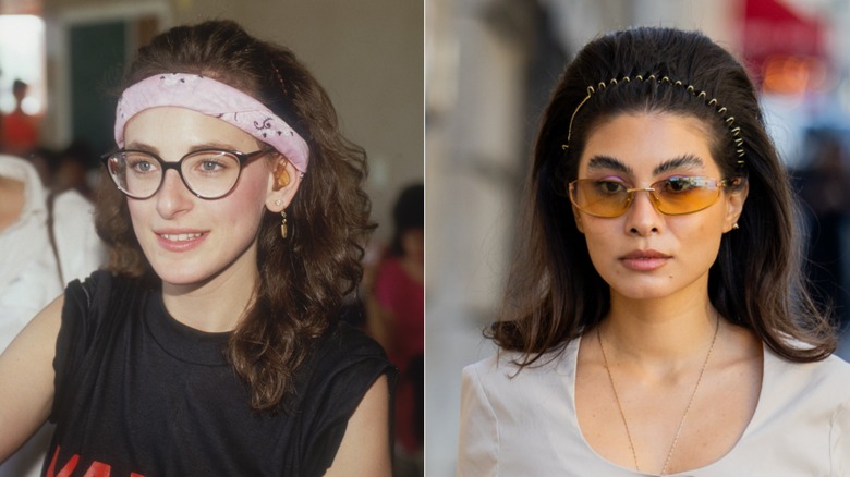 L : Une femme portant un bandeau dans les années 80. R : Une femme portant un bandeau en 2026