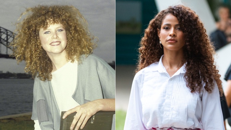 L : Nicole Kidman aux cheveux bouclés dans les années 80. R : Une femme aux cheveux bouclés en 2026