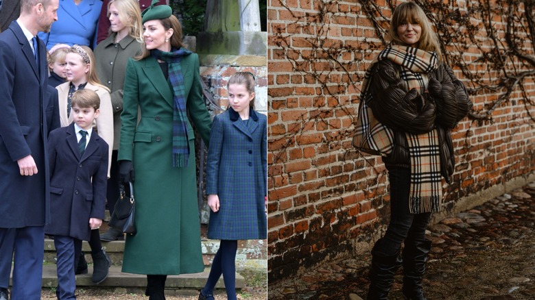 L : Kate Middleton portant un manteau et une écharpe à carreaux. R : Femme portant une écharpe à carreaux