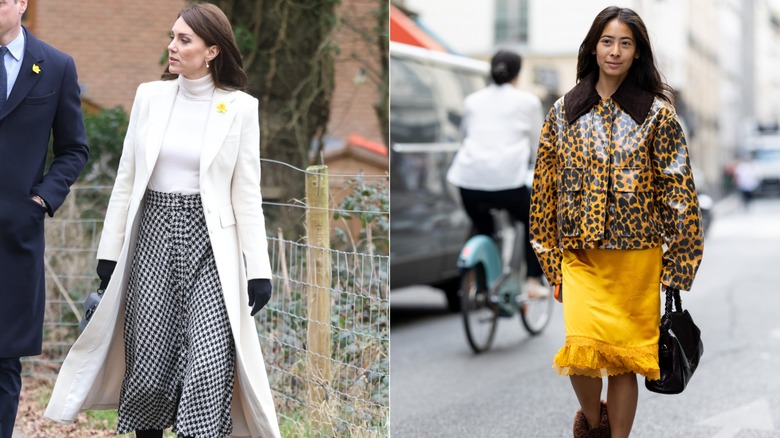 L : Kate Middleton porte un manteau blanc avec une jupe imprimée. R : Femme portant une veste et une jupe léopard