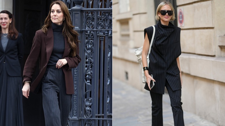 L : Kate Middleton portant un blazer marron et un pantalon à fines rayures. R : Femme portant un ensemble à fines rayures