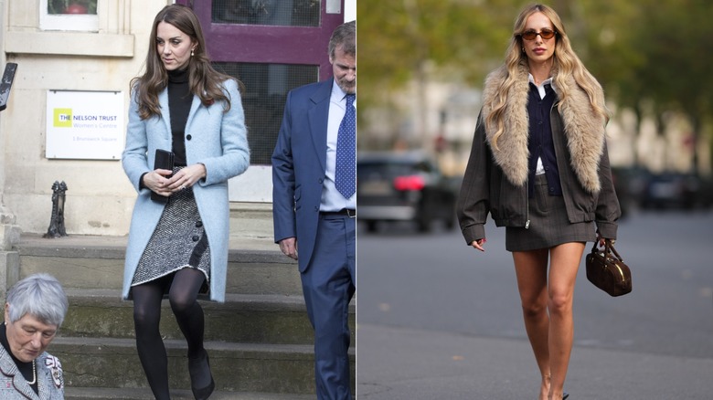 L : Kate Middleton portant une jupe en tweed et un manteau duveteux. R : Femme portant une veste bordée de fourrure avec une jupe, un gilet et une chemise