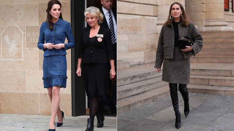 L : Kate Middleton porte un tailleur-jupe en tweed. R : Femme portant une jupe et une veste en tweed