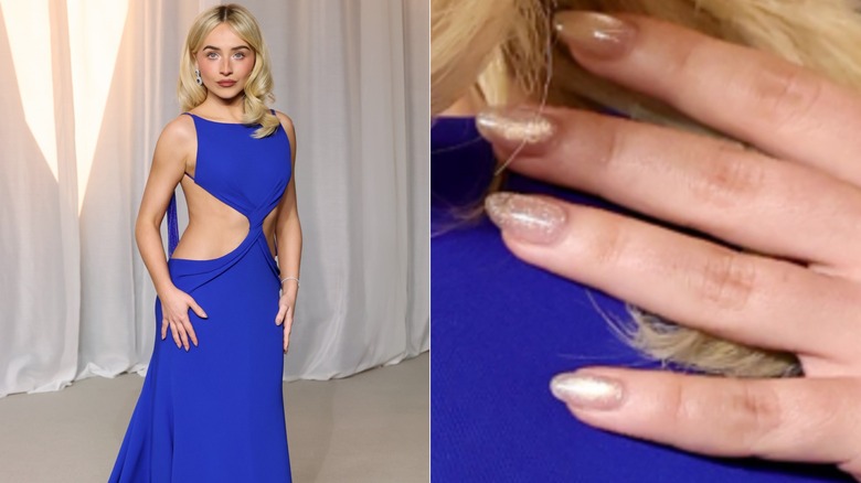 Côte à côte : Sabrina Carpenter avec des ongles doux et pailletés au gala du musée de l'Académie 2026 et un gros plan sur ses ongles