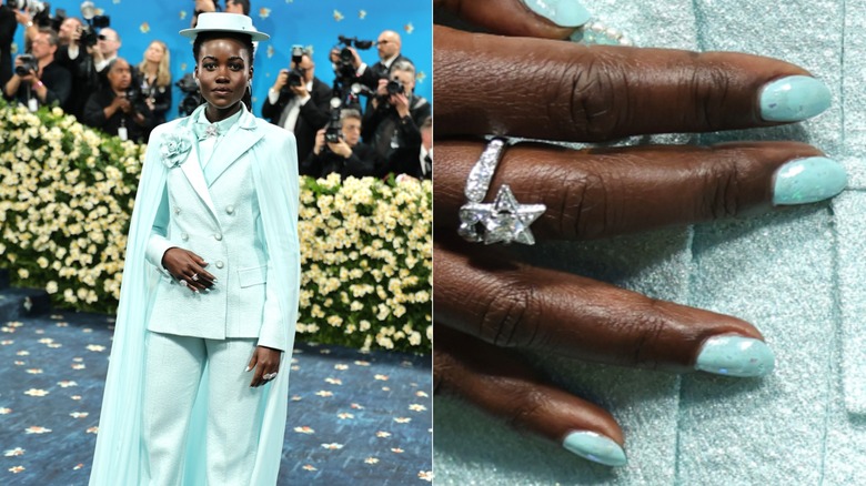 Côte à côte : Lupita Nyong'o avec des ongles vert menthe pailletés au Met Gala 2025 et un gros plan sur ses ongles