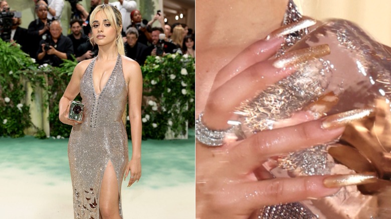 Côte à côte : Camila Cabello avec de longs ongles à paillettes dorées au Met Gala 2024 et un gros plan sur ses ongles