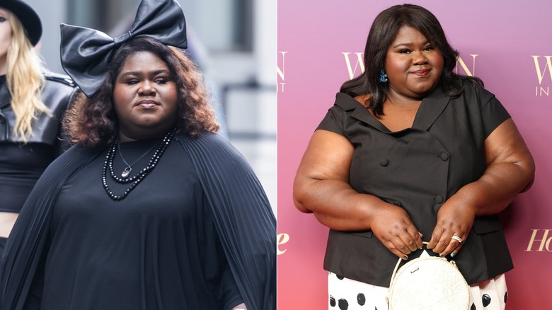 Photos côte à côte de Gabourey Sidibé en costume pour AHS (à gauche) et elle-même sur le tapis rouge (à droite)