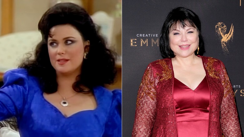 Une jeune Delta Burke portant une robe bleu royal et un bouffant noir volumineux / Une Delta Burke plus âgée portant une robe rouge satinée